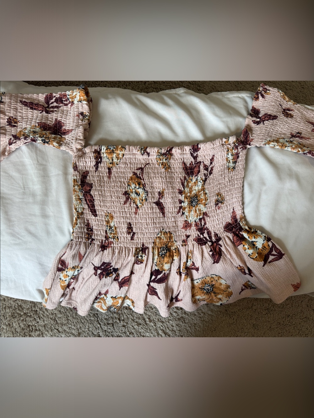 Smocked Off-Shoulder Floral Crop Top - Blush with Mustard & Burgundy
